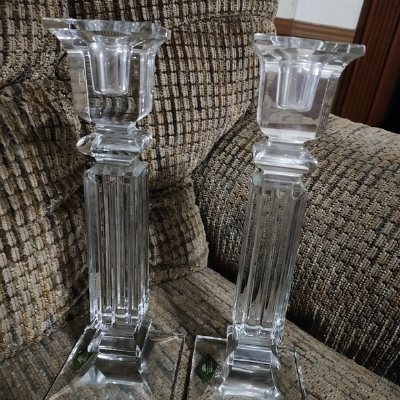 Vintage Shannon Crystal Pillar Candle Holder 10" Pair Heavy Art Deco MCM Marked - Picture 6 of 10